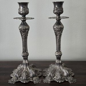 French Revival Hollywood Regency Style Ornate Floral Silver Plated Candlesticks
